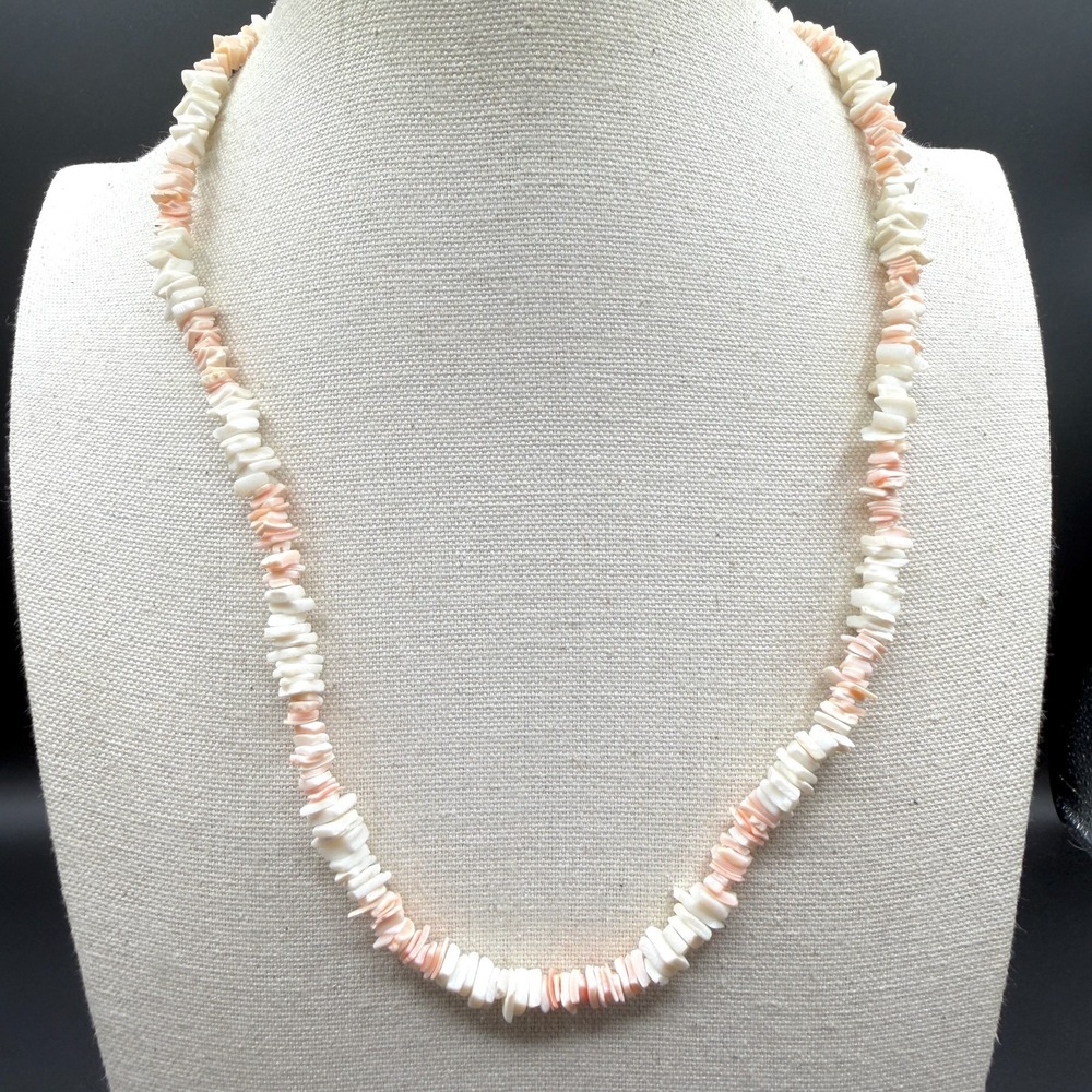 White Pink Shell Chip Bead Necklace Coastal Beach Boho Puka Style Barrel Clasp